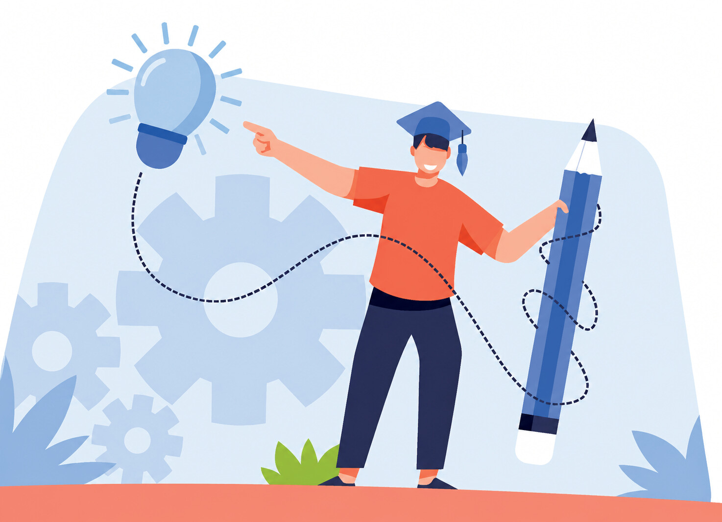 Illustration: Person mit Doktorhut und großem Stift zeigt auf eine Glühbirne, im Hintergrund Zahnräder.