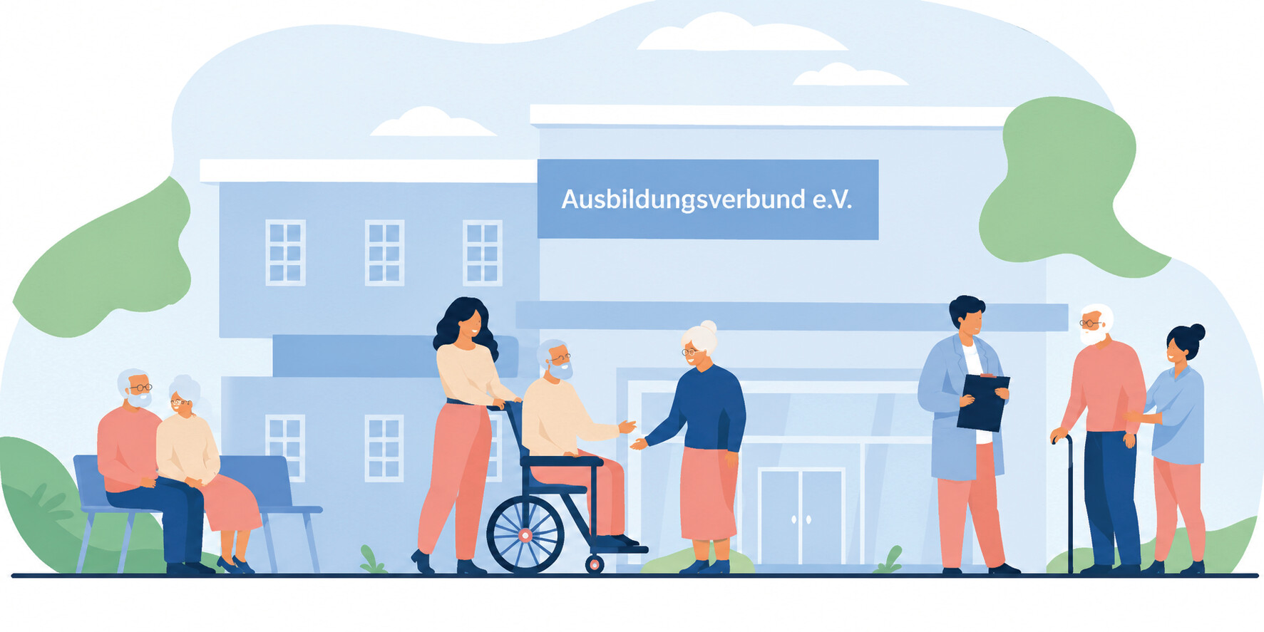 Illustration: Pflegekräfte, Seniorinnen und Senioren vor einem Gebäude mit der Aufschrift Ausbildungsverbund e.V.